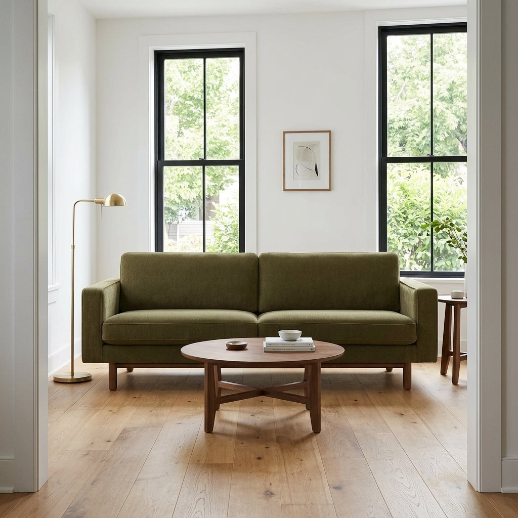 Pettygrove 3-Seater Sofa in Moss Olive Green room setting - three-seat sofa private label - Whats New Furniture Portland OR