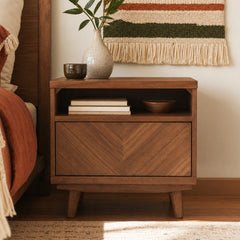 Piero KD Chevron Nightstand/Side Table styled in a bright mid-century modern Portland home - Whats New Furniture