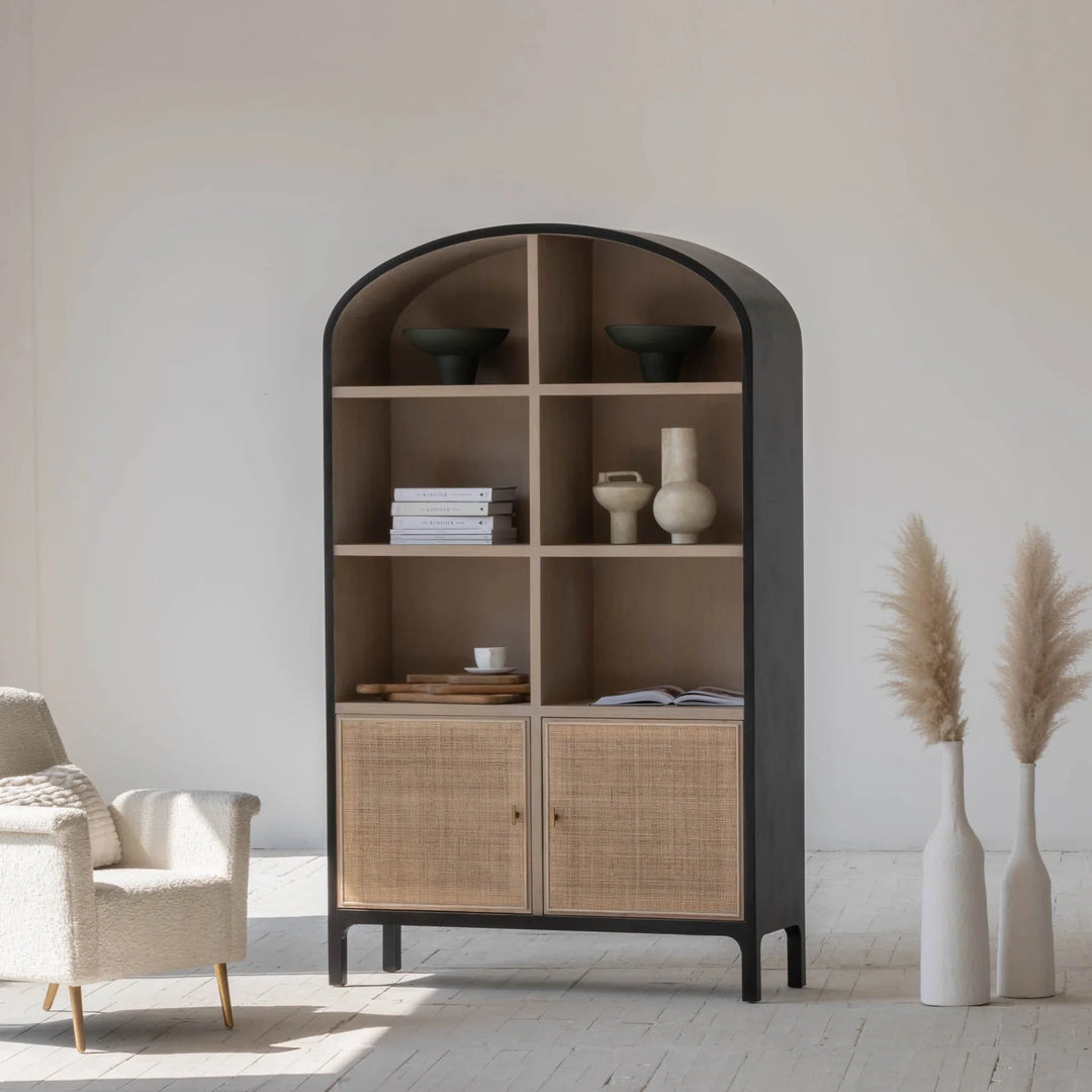 Pietro Tall Cabinet in Black Brushed Natural room setting - rattan door tall cabinet by LH Imports - Whats New Furniture Portland OR