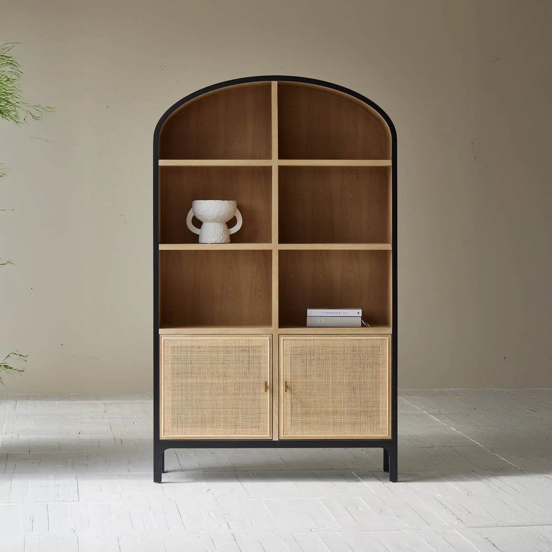 Pietro Tall Cabinet in Black Brushed Natural styled room setting - rattan door tall cabinet by LH Imports - Whats New Furniture Portland OR