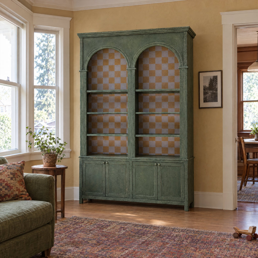 Pine Wood Cabinet w/ Check Pattern Inside, 8 Shelves &amp; 4 Doors in antique green styled in a Portland home - Whats New Furniture