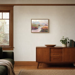 Pink Romance I landscape wall art styled on a Portland Craftsman wall beside a sash window - Whats New Furniture