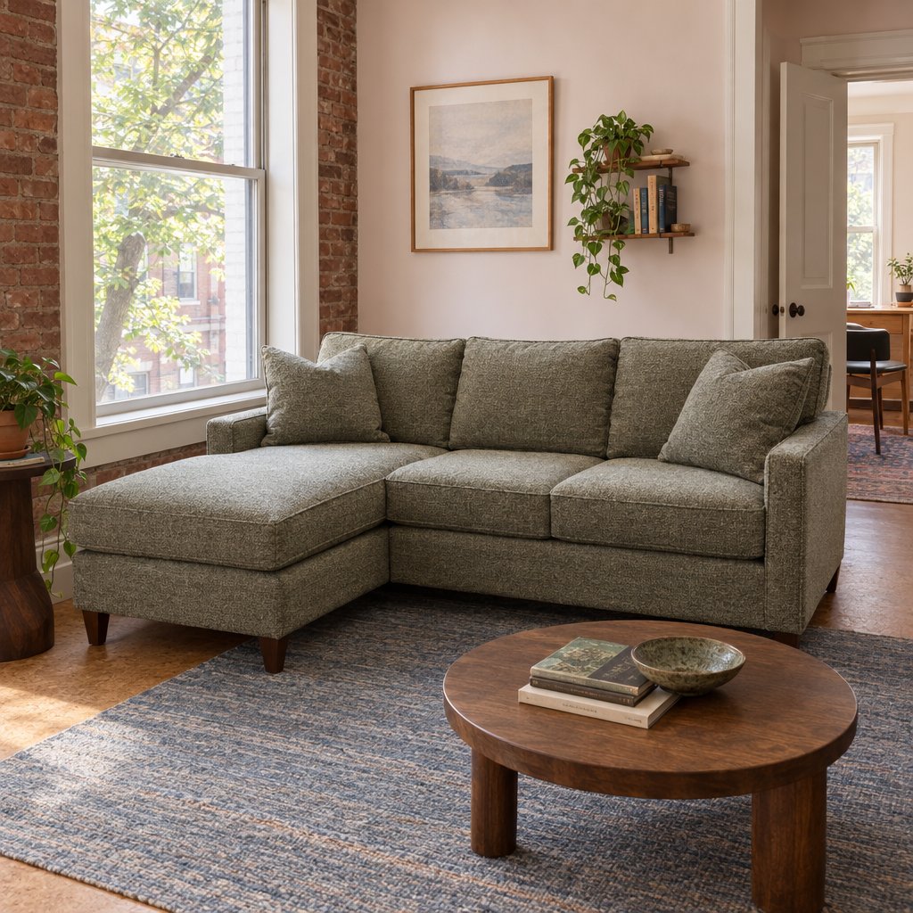 Pinnacle Sofa Chaise in Couture Herb styled in a Portland Craftsman living room - Whats New Furniture