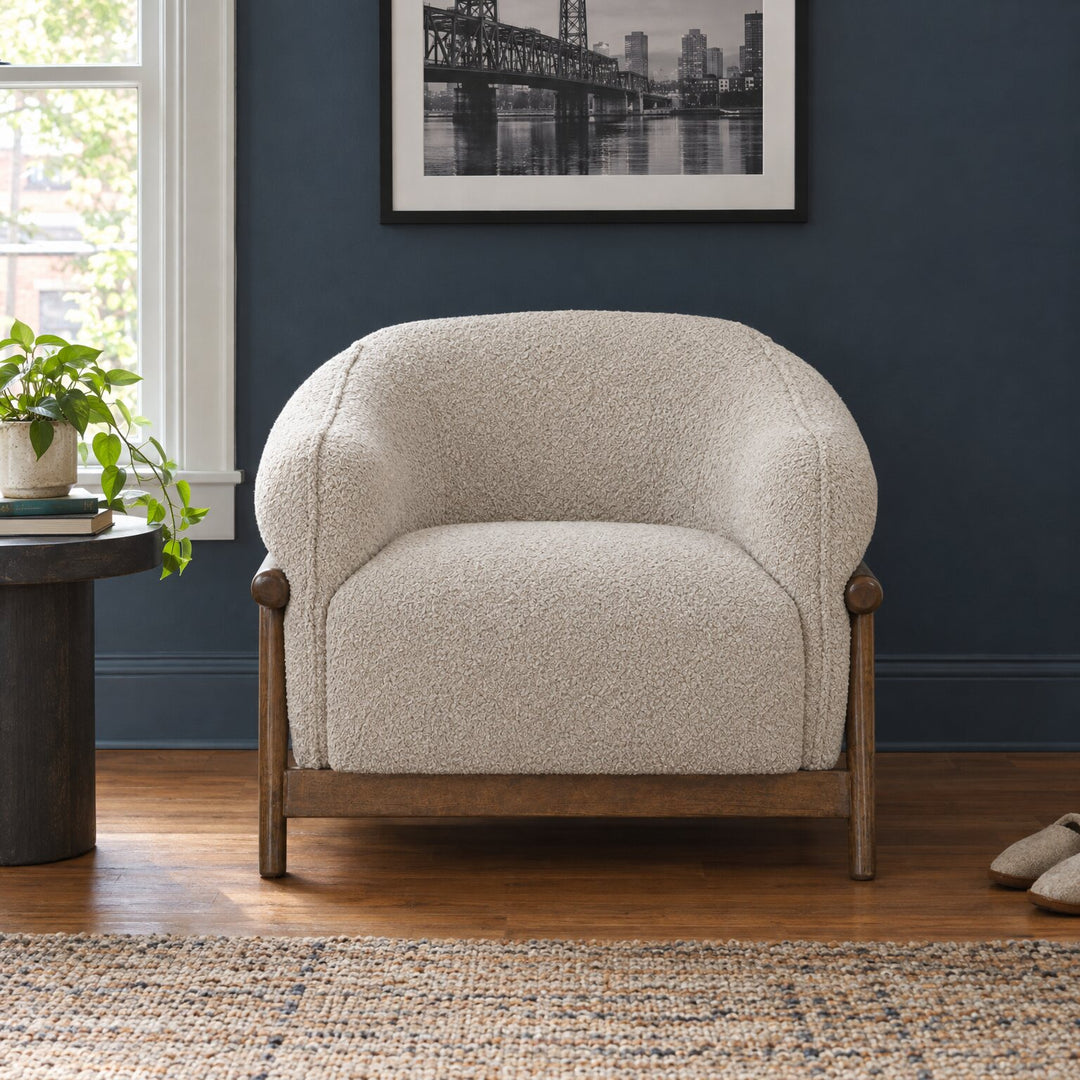 Pittock Barrel Chair in Shitake Beige in a styled Portland living room - Whats New Furniture Portland OR