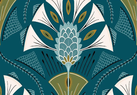 Plumage Aegean Art Deco plume print throw pillow fabric in teal olive and ivory by Decor Fifty-Five - Whats New Furniture Portland OR