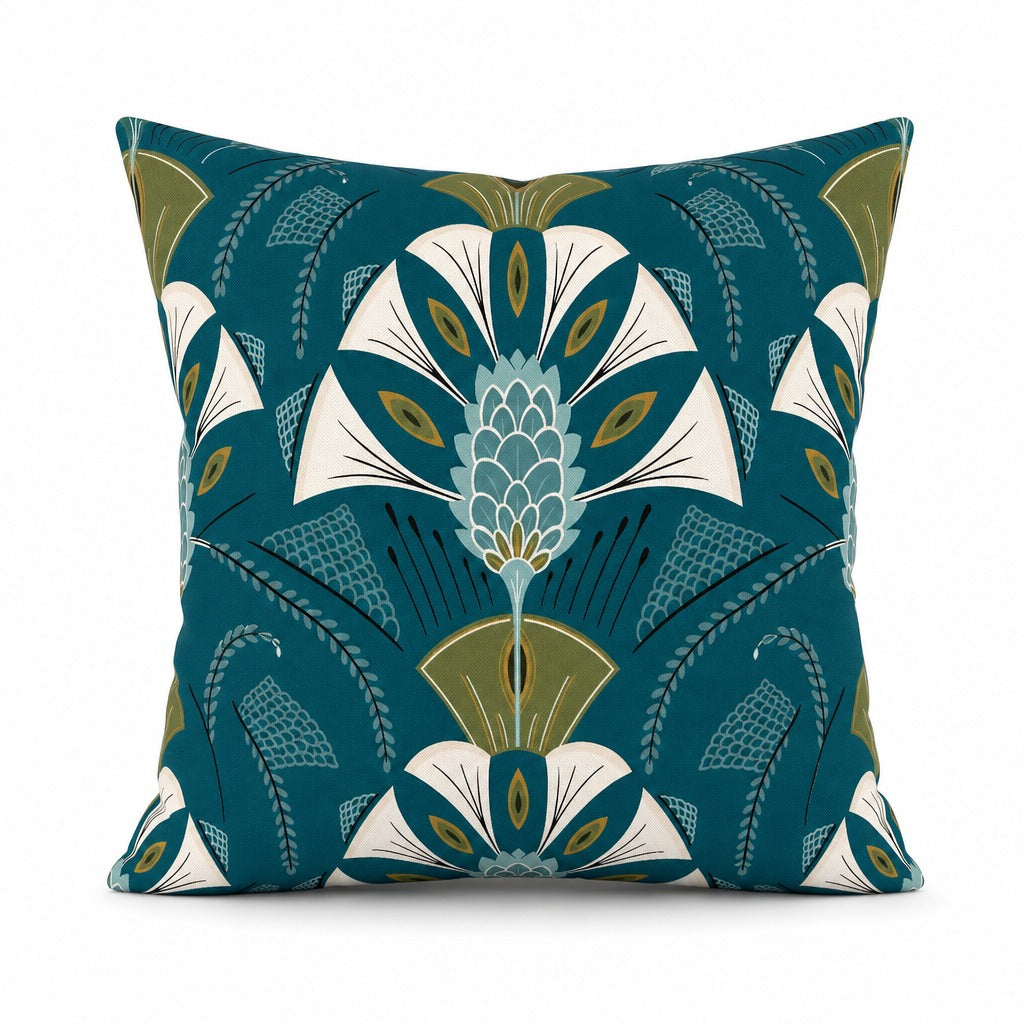 Plumage Aegean Art Deco teal throw pillow front view by Decor Fifty-Five - Whats New Furniture Portland OR