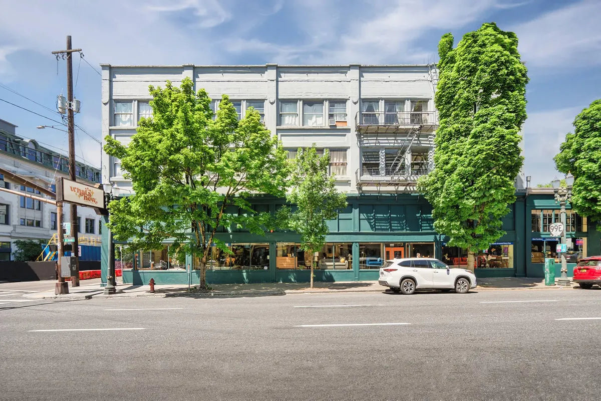 Exterior of What’s New Furniture, a Portland furniture store specializing in new, consigned, and mid-century modern pieces.