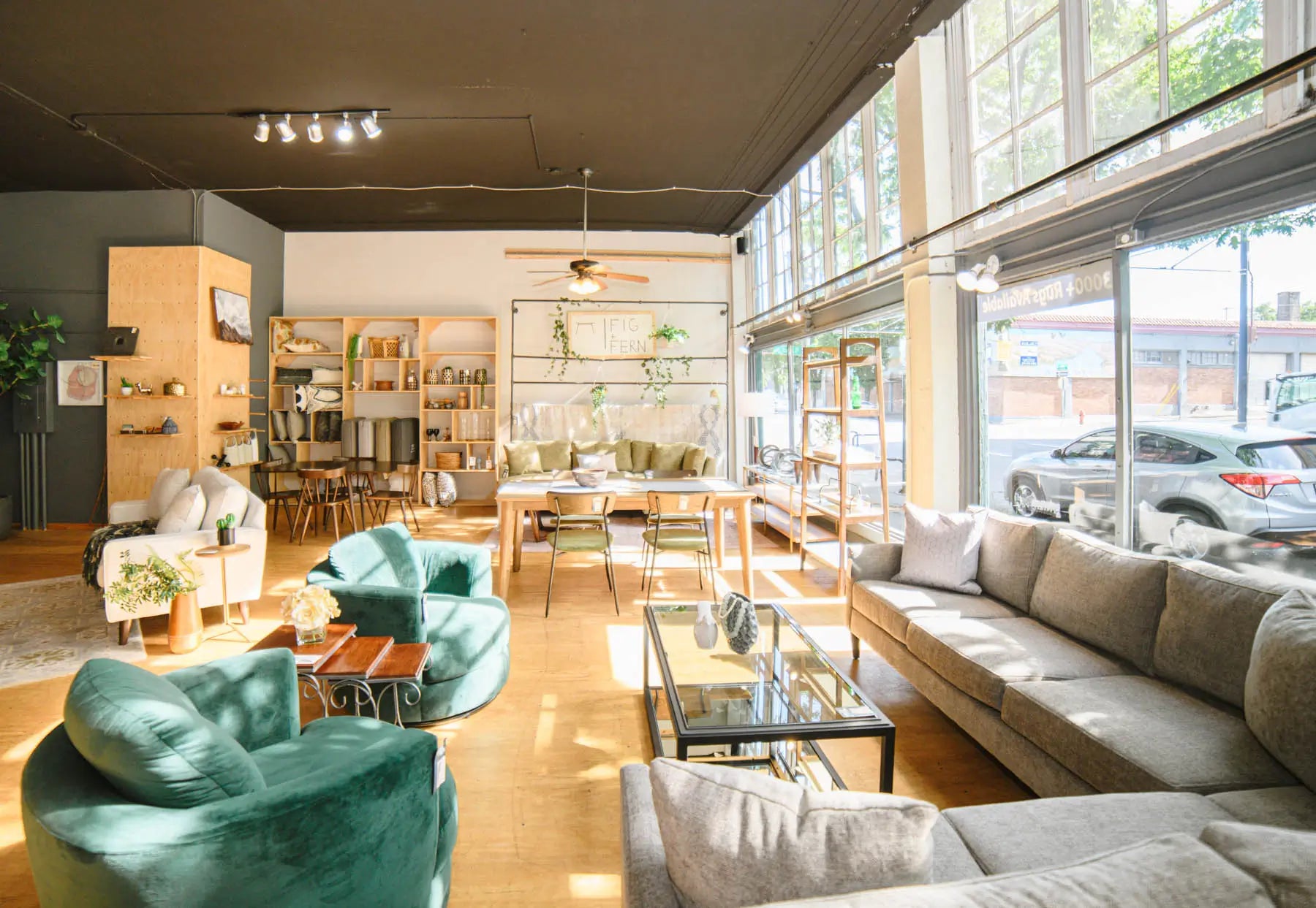 Bright and modern Portland furniture store featuring custom sofas, mid-century modern chairs, dining sets, and Stanton furniture. Large showroom with natural light, stylish home decor, and handcrafted furniture collections for living rooms, bedrooms, and dining spaces.