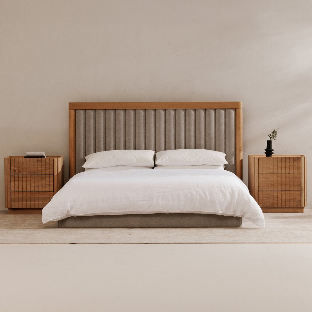 Povera 3 Drawer Nightstand in Oak room setting - oak nightstand by Moe&