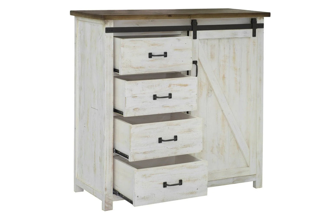 Provence 4 Drawer Chest in Rustic Natural Antique White side angle - sliding door chest by LH Imports - Whats New Furniture Portland OR