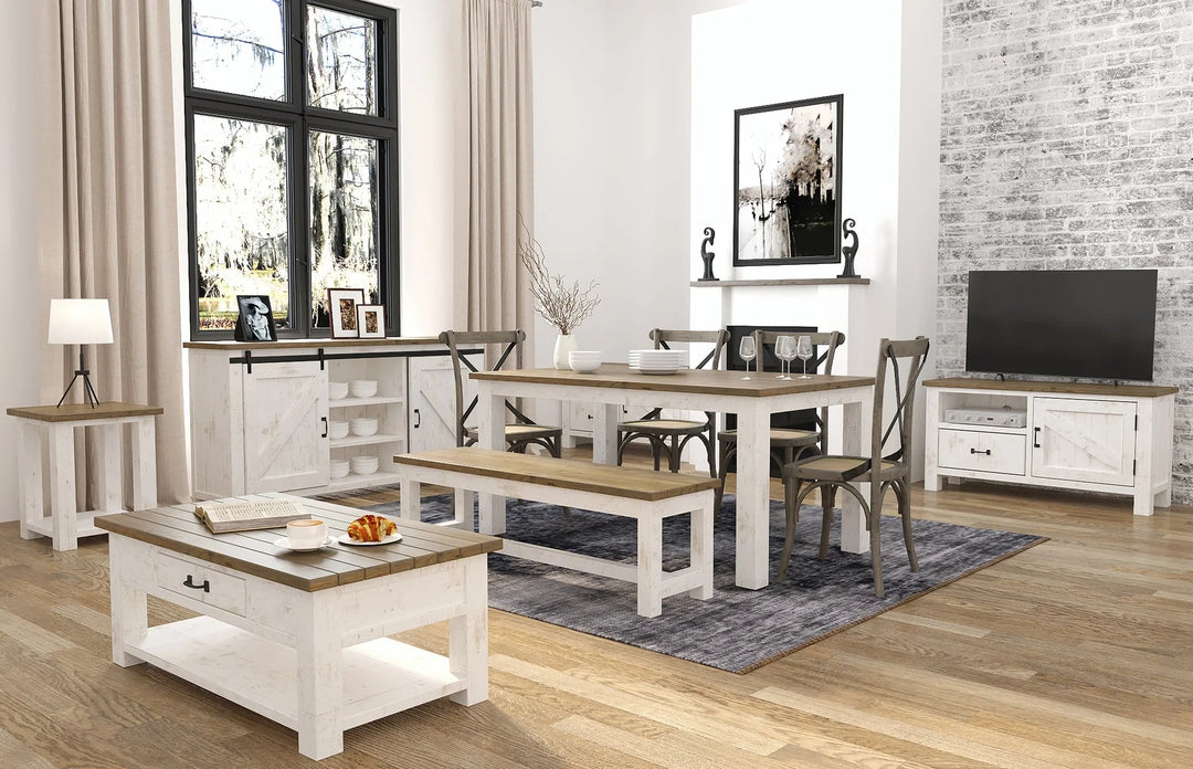 Provence Bench in Antique White Rustic Natural room setting - bench by LH Imports - Whats New Furniture Portland OR