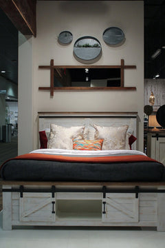 Provence King Bed Frame in Antique White corner detail - king storage bed frame by LH Imports - Whats New Furniture Portland OR