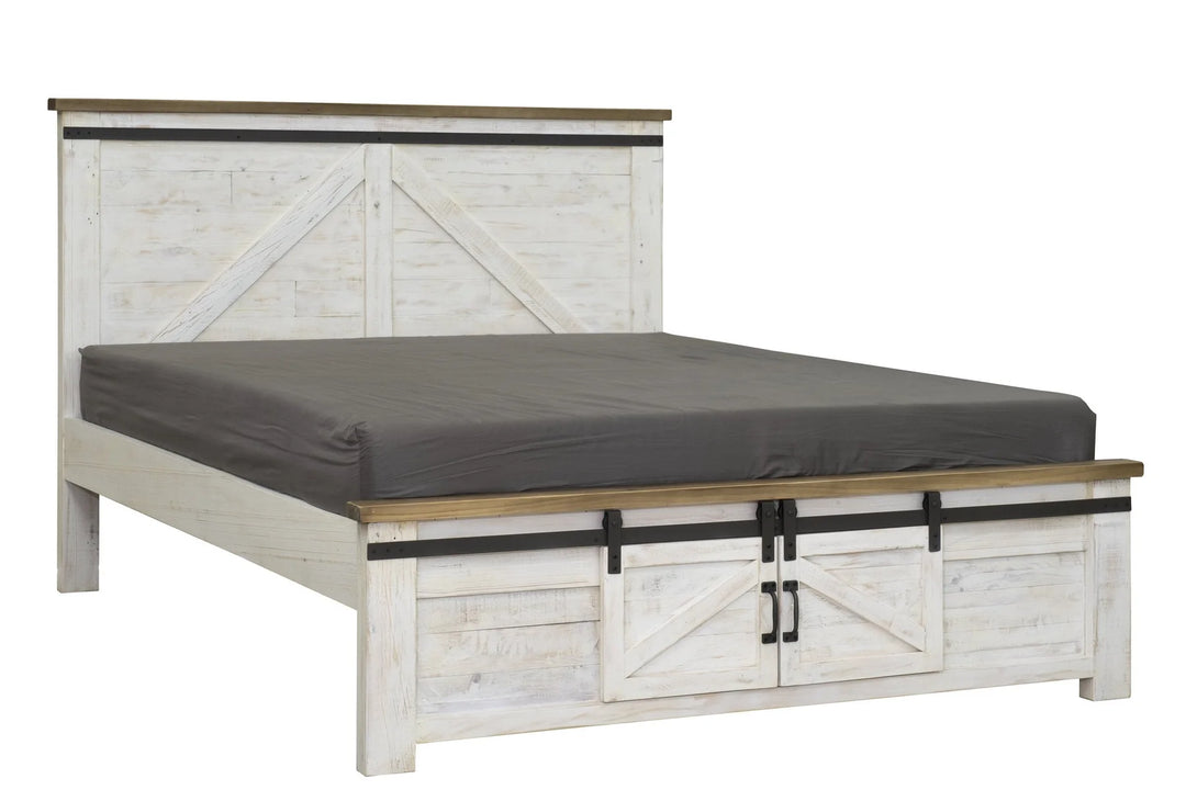 Provence King Bed Frame in Antique White detail view - king storage bed frame by LH Imports - Whats New Furniture Portland OR