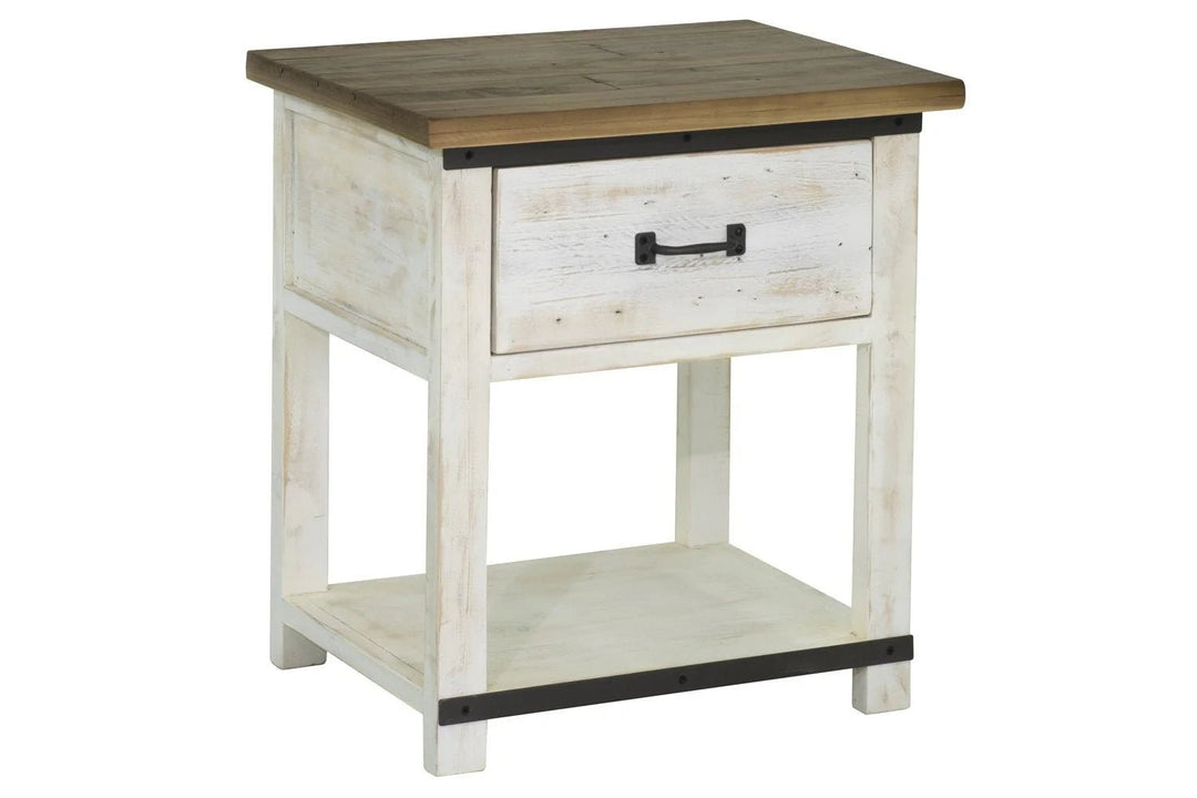 Provence Nightstand in Antique White Rustic Natural side angle - reclaimed pine nightstand by LH Imports - Whats New Furniture Portland OR