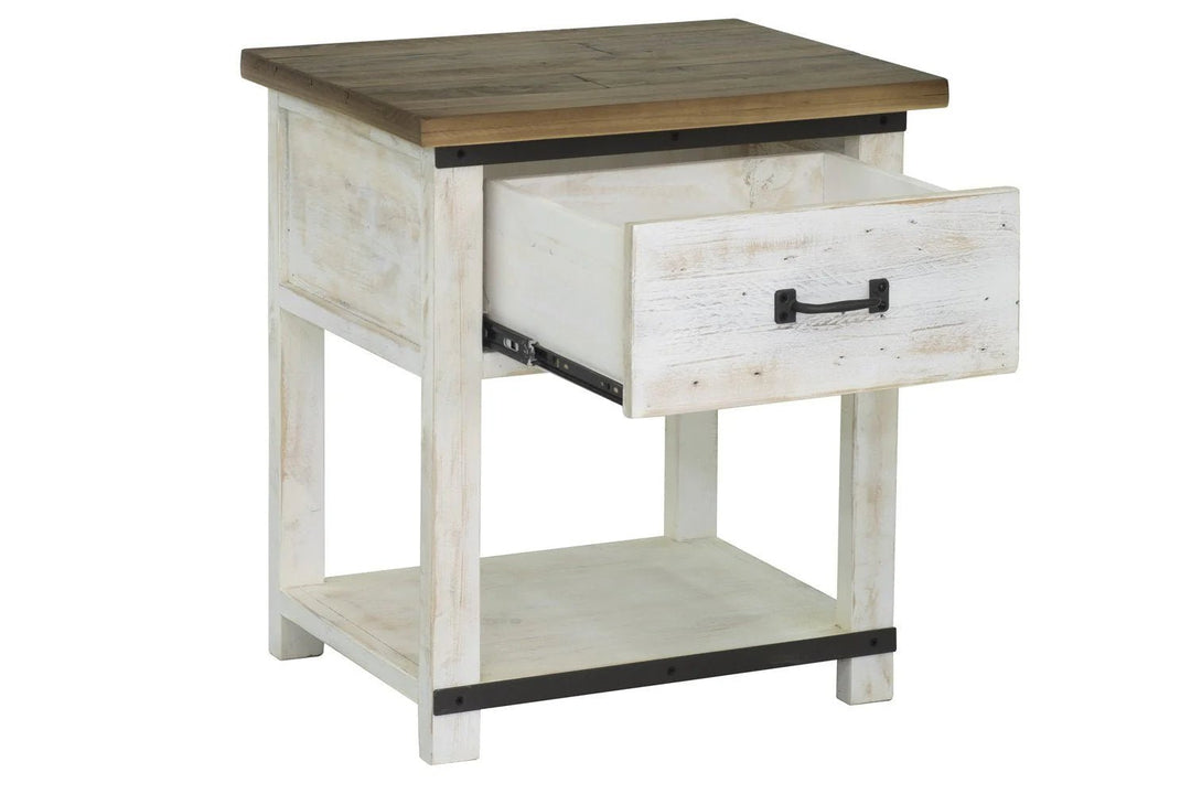 Provence Nightstand in Antique White Rustic Natural open drawer view - reclaimed pine nightstand by LH Imports - Whats New Furniture Portland OR