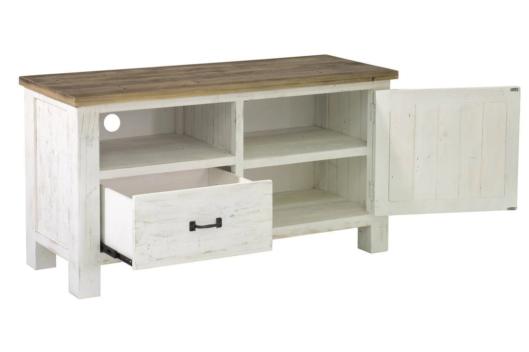 Provence Small Media Unit in Antique White Rustic Natural open door view - small media unit by LH Imports - Whats New Furniture Portland OR