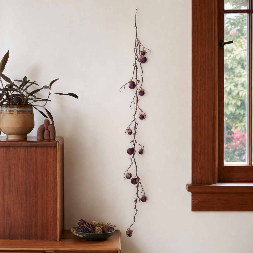 Purple Botanica Garland styled in a Portland home - faux plants by Kalalou - Whats New Furniture Portland OR