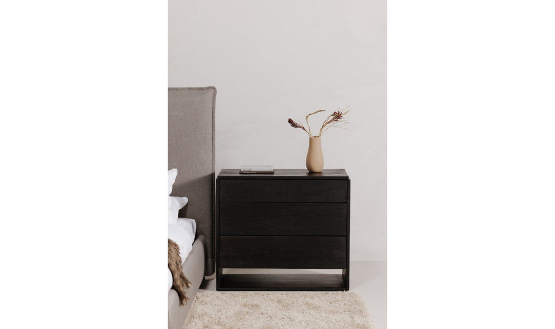 Quinton 3 Drawer Nightstand in Black room setting - black three drawer nightstand by Moe&