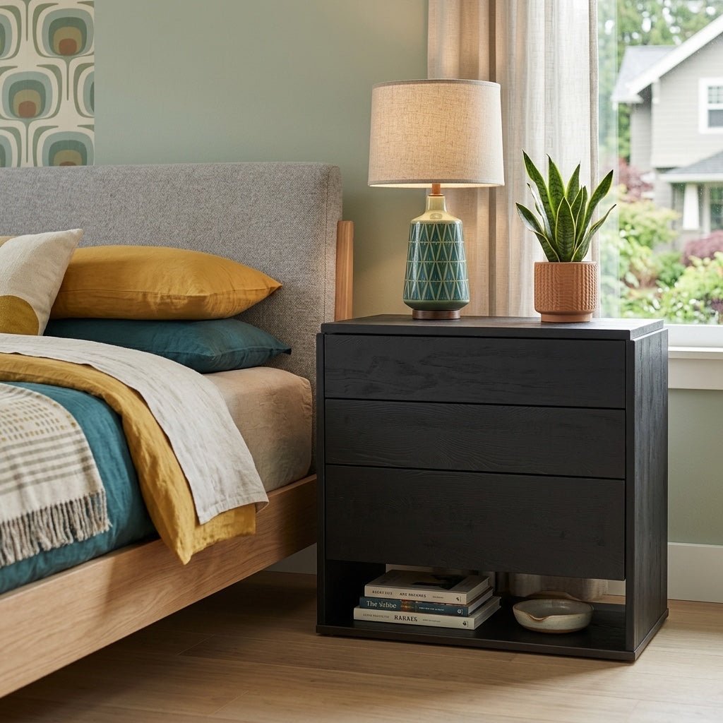Quinton 3 Drawer Nightstand in Black styled room setting - black three drawer nightstand by Moe&