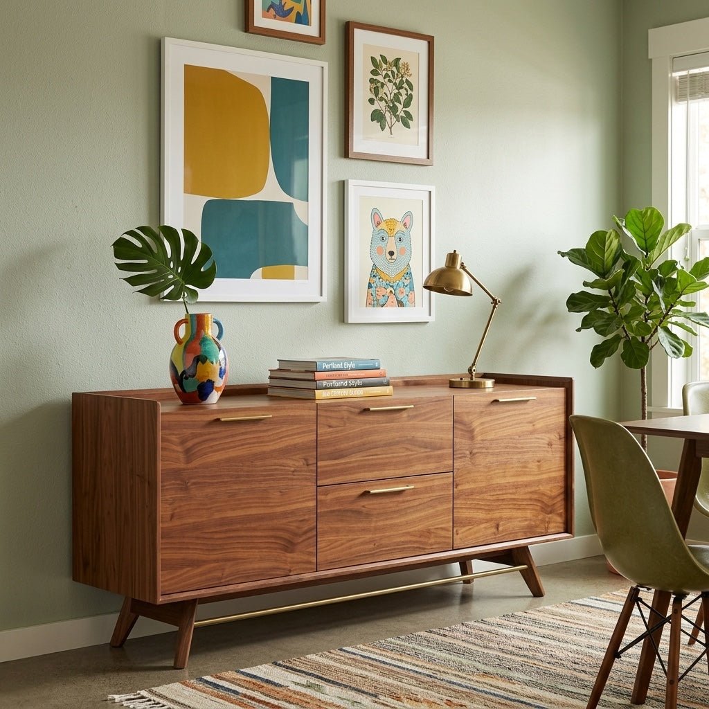 Denali/Rainier 3-Section Sideboard in walnut lifestyle setting - mid-century walnut sideboard by Unique Furniture - Whats New Furniture Portland OR