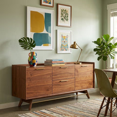 Denali/Rainier 3-Section Sideboard in walnut lifestyle setting - mid-century walnut sideboard by Unique Furniture - Whats New Furniture Portland OR