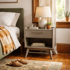 Rainier Nightstand in gray side angle - mid-century gray nightstand by Unique Furniture - Whats New Furniture Portland OR