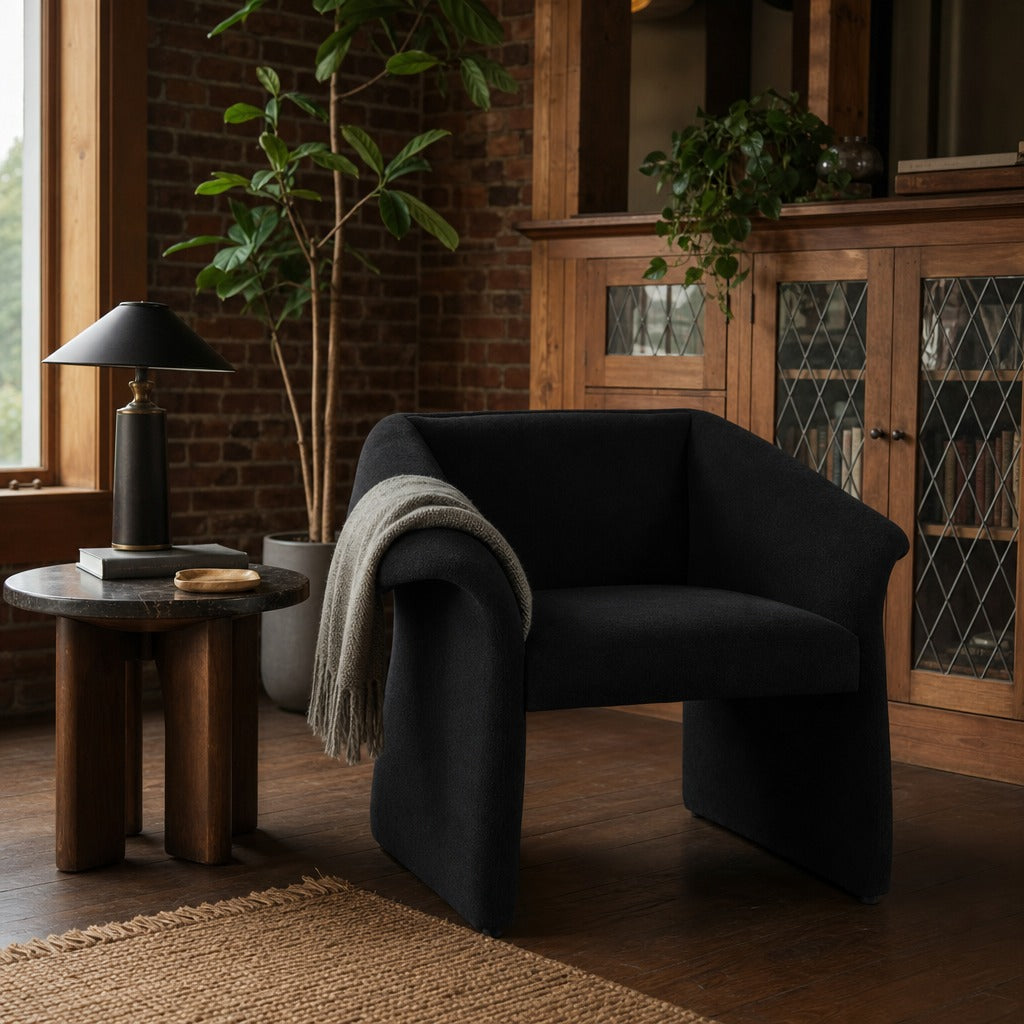 Ramsey Upholstered Sloped Arm Accent Chair Black styled in Portland converted warehouse flat with warm exposed brick and fir timber beams (no steel, no concrete) living room - What&