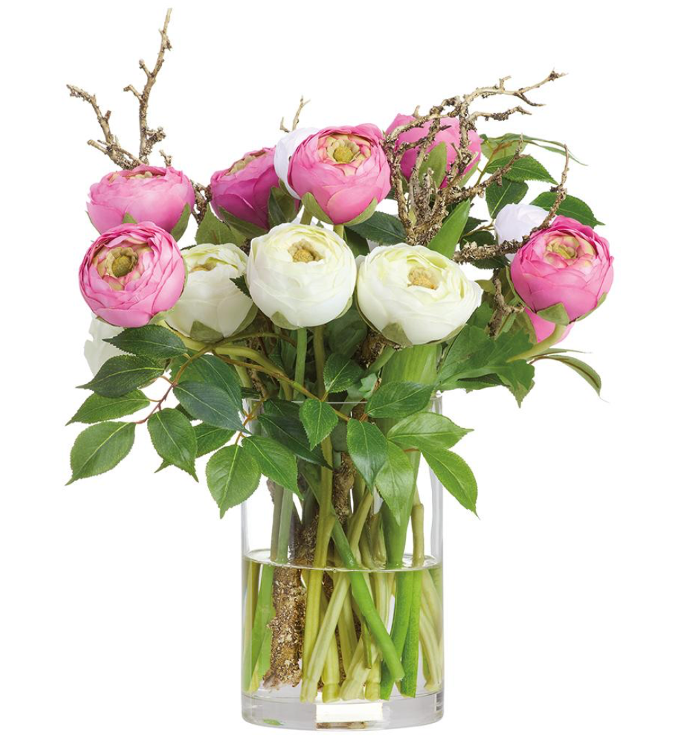 Ranunculus Mix in Glass Vase in Pink White Glass - faux ranunculus arrangement - Whats New Furniture Portland OR