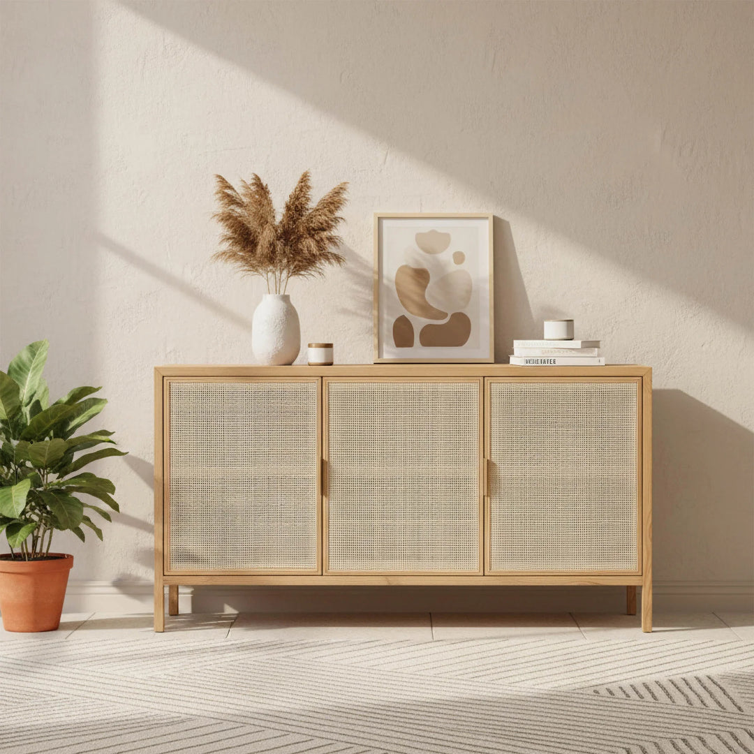 Rattan 3 Door Sideboard in Natural room setting - rattan three door sideboard by LH Imports - Whats New Furniture Portland OR