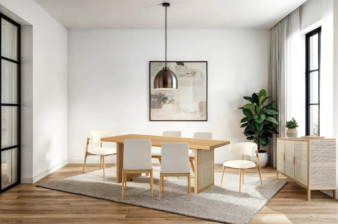 Rattan Dining Table in Light Oak showroom room setting - rattan dining table by LH Imports - Whats New Furniture Portland OR