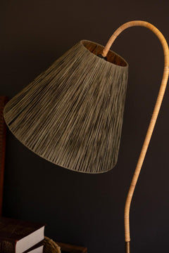 Rattan-Wrapped Arc Floor Lamp with Olive Raffia Shade close on the olive raffia shade - lighting by Kalalou - Whats New Furniture Portland OR