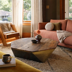 Reclaimed wood brown square coffee table with gold accents and low profile - view 2