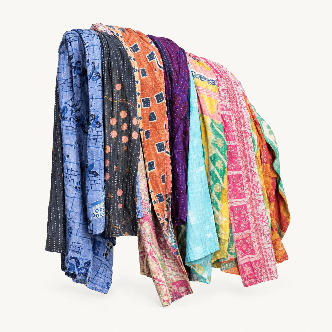 Assorted multicolor Kantha throw examples, studio; sold individually, patterns vary - Whats New Furniture Portland OR