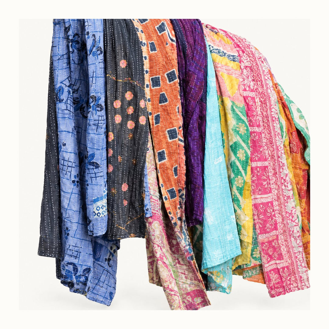 Assorted multicolor Kantha throw examples, stitch and fabric detail; actual patterns vary - Whats New Furniture Portland OR