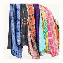 Assorted multicolor Kantha throw examples, stitch and fabric detail; actual patterns vary - Whats New Furniture Portland OR
