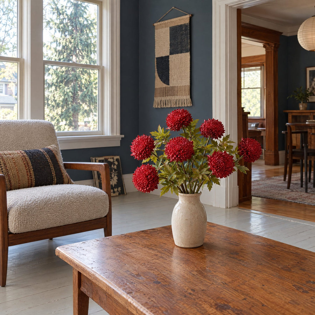 Seven red ball dahlias styled in a vase; vase not included - Whats New Furniture Portland OR