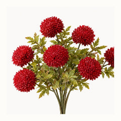 Red ball dahlia bundle, close-up studio detail of red petals and green leaves - Whats New Furniture Portland OR