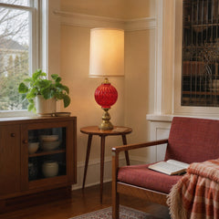Red and gold glass table lamp with a tall sculptural base - view 2