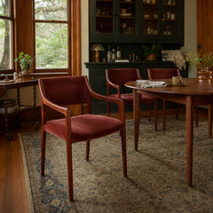 Red Velvet vintage dining chairs with sculpted Gunlocke frames, set of six - detail view 1