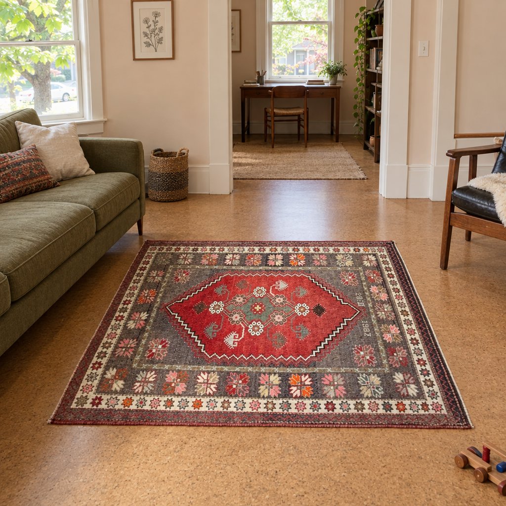Vintage Hand-Knotted Wool Rug in Red styled in a Portland home - Whats New Furniture