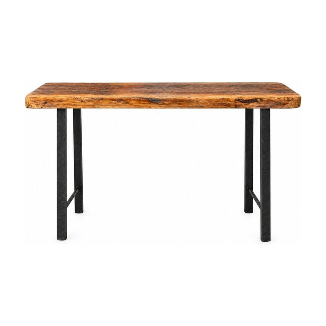 Redwood console table with a long handcrafted wood top and simple profile.