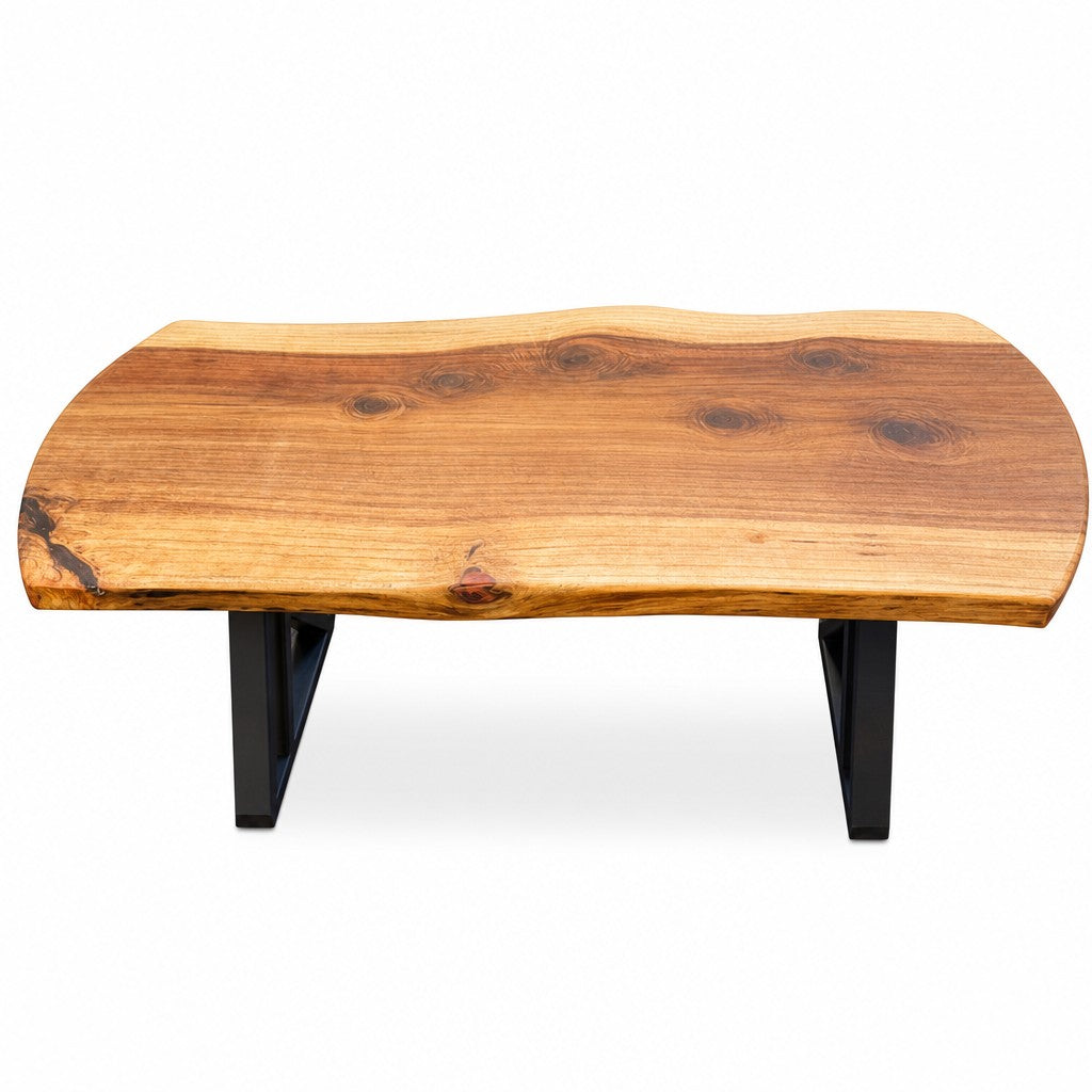 Redwood mid-century coffee table with clean low-slung lines and visible wood grain