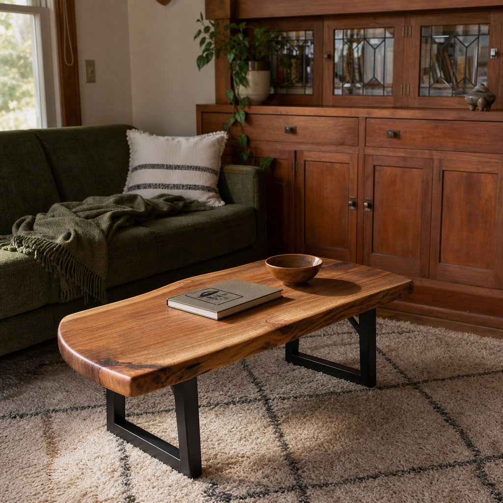 Redwood mid-century coffee table with clean low-slung lines and visible wood grain - view 2