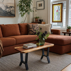 Redwood mid-century coffee table with compact low rectangular top and sculptural wood grain. - detail view 1