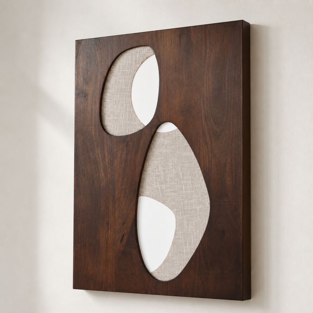 Reidpark wood and fabric mixed-media wall art angled detail showing layered texture