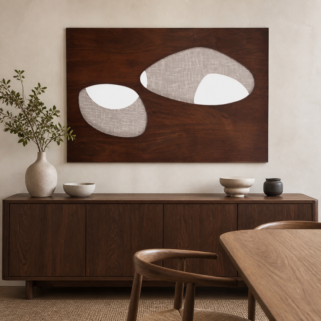 Reidpark mixed-media wall art styled horizontally above a walnut dining sideboard