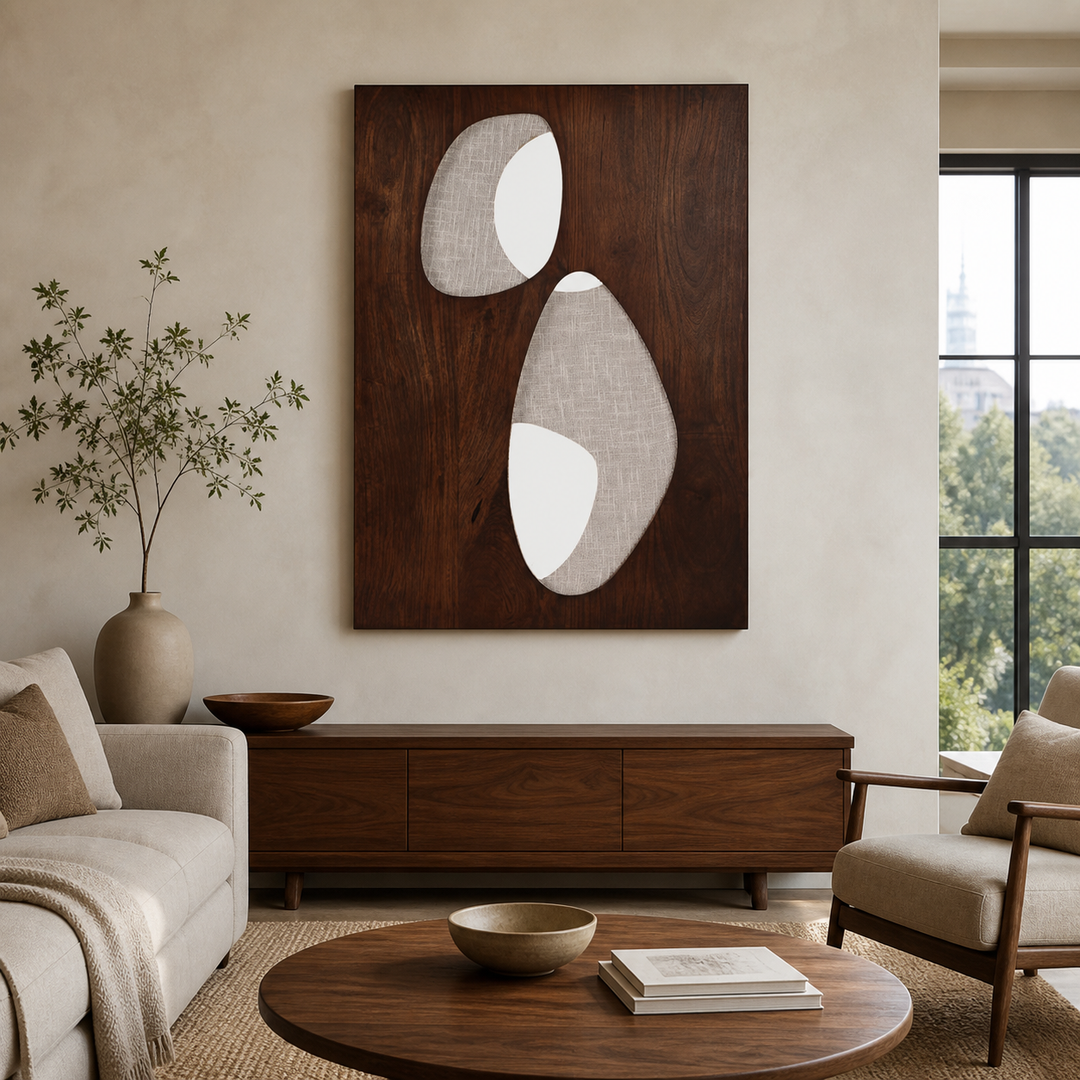 Reidpark mixed-media wall art styled vertically in a warm modern living room