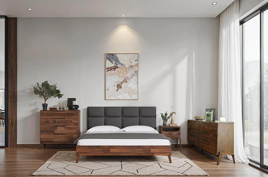 Remix King Bed Frame in Grey/Brown lifestyle setting - acacia king bed frame by LH Imports - Whats New Furniture Portland OR