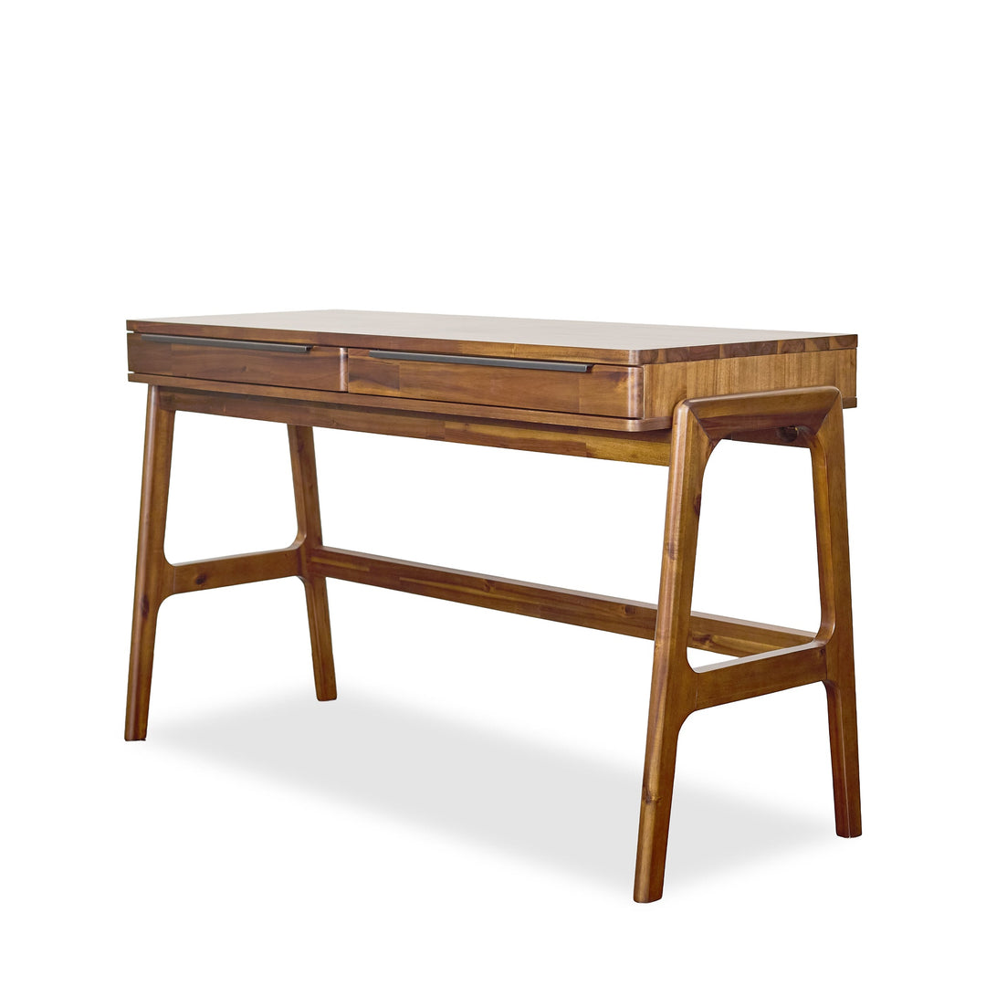 Remix Writing Desk in Estelle Brown side angle - acacia mid-century writing desk - Whats New Furniture Portland OR