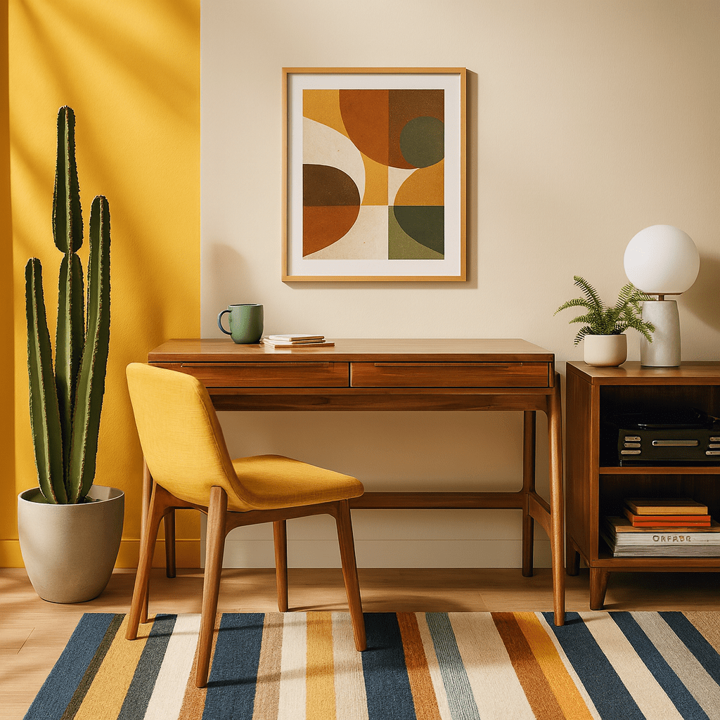 Remix Writing Desk in Estelle Brown lifestyle setting - acacia mid-century writing desk - Whats New Furniture Portland OR